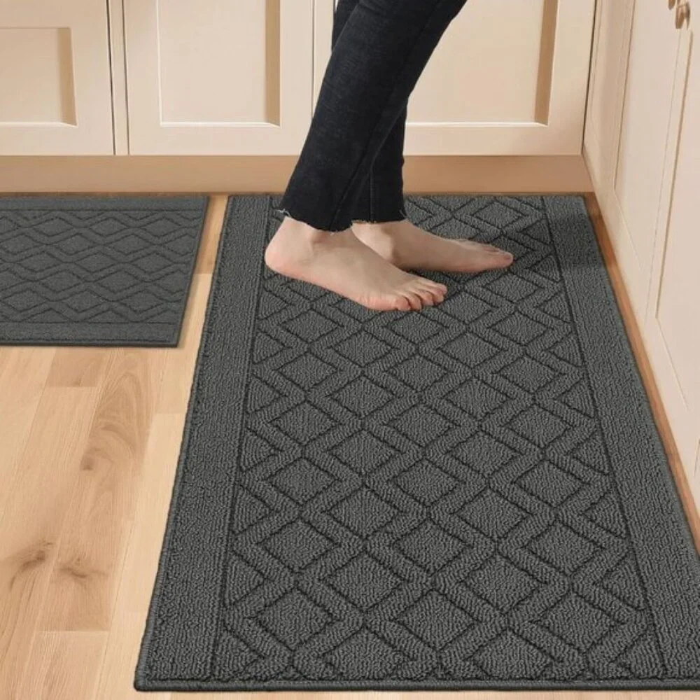 New 2-Piece Kitchen Rug Set, 48x20 & 30x20In Soft Non-Slip Washable Mats - Grey